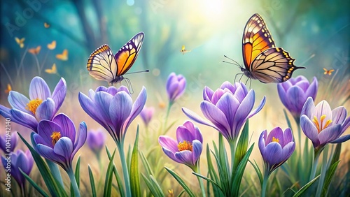 Fototapeta Naklejka Na Ścianę i Meble -  delicate crocuses and butterflies painted with oil paints