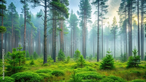 forest scene with tall pine trees and underbrush