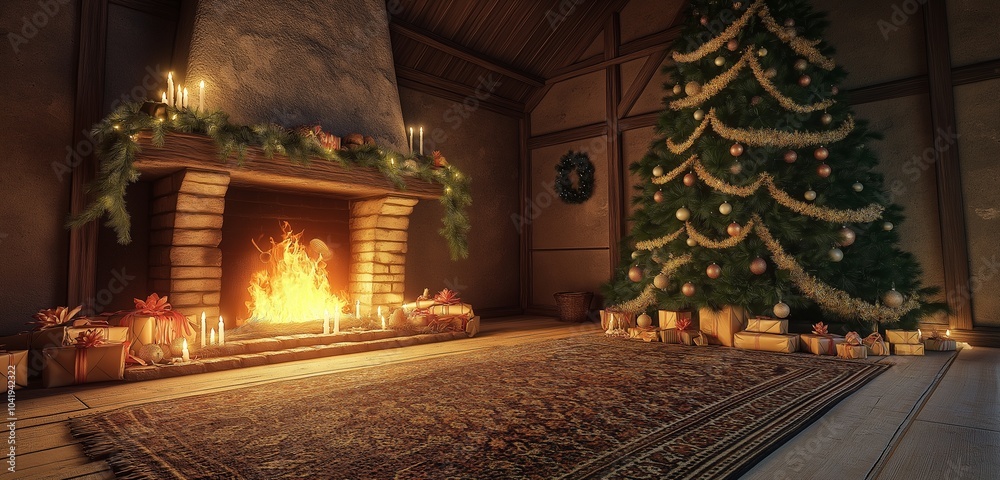 Obraz premium A cozy cottage interior with a roaring fireplace, a tall Christmas tree covered in natural ornaments, and a large rug spread in front of the fire.