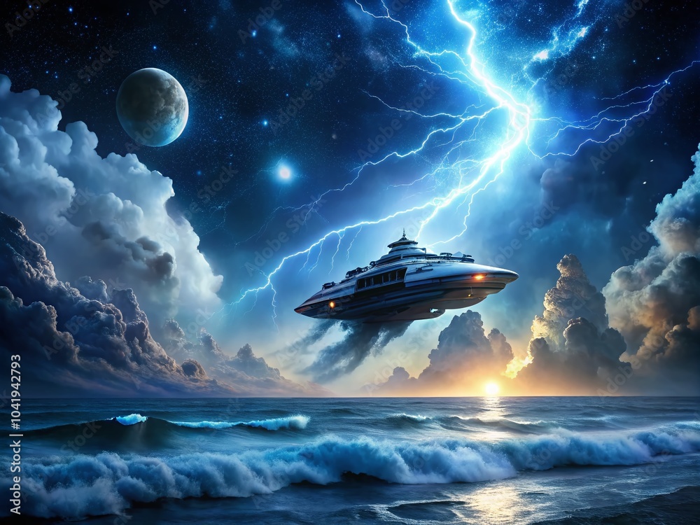Massive Sci-Fi Spaceship Over Ocean at Night with Lightning Strikes and Energy Storm Massive Sci-Fi Spaceship Over Ocean at Night with Lightning Strikes and Energy Storm