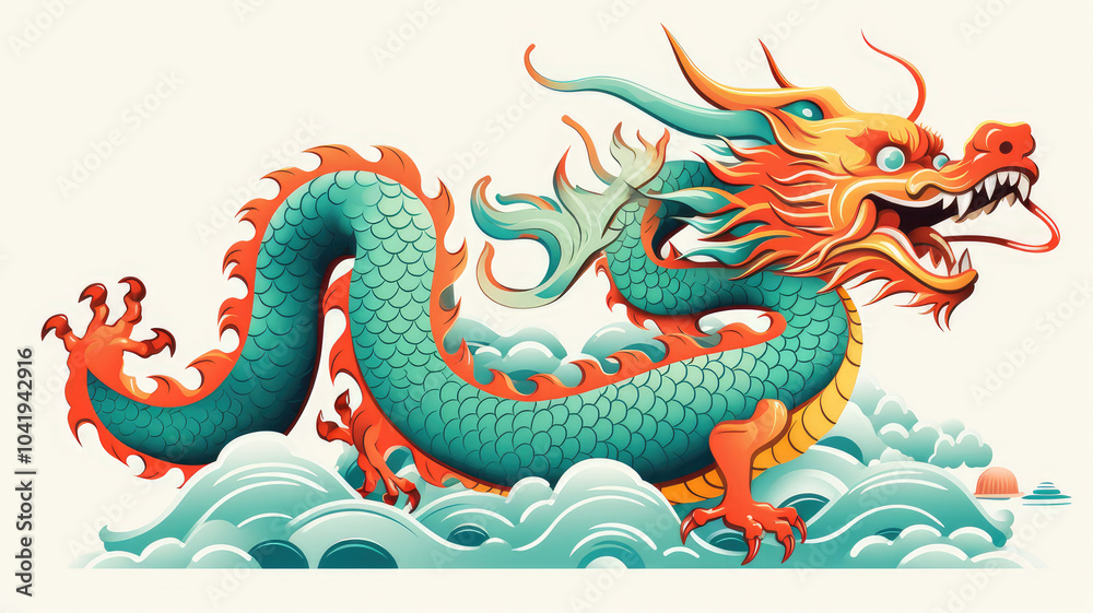 Obraz premium A vibrant illustration of a mythical dragon amidst stylized clouds on white background, showcasing traditional art elements.