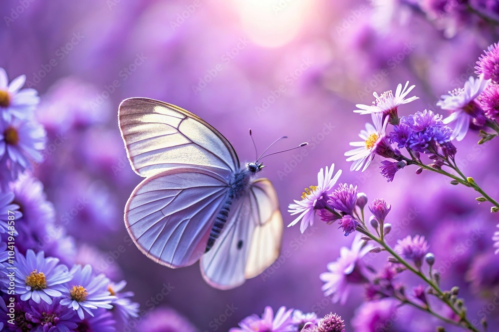 Naklejka premium Delicate lilac butterfly on light purple flowers