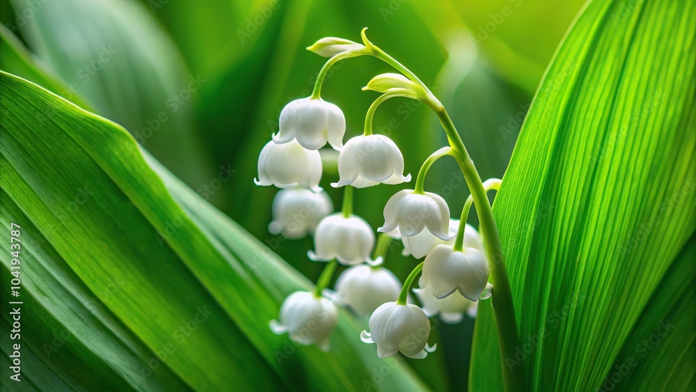 Obraz premium Delicate lily of the valley flowers with bell shaped white blooms and lush green leaves, extreme close-up