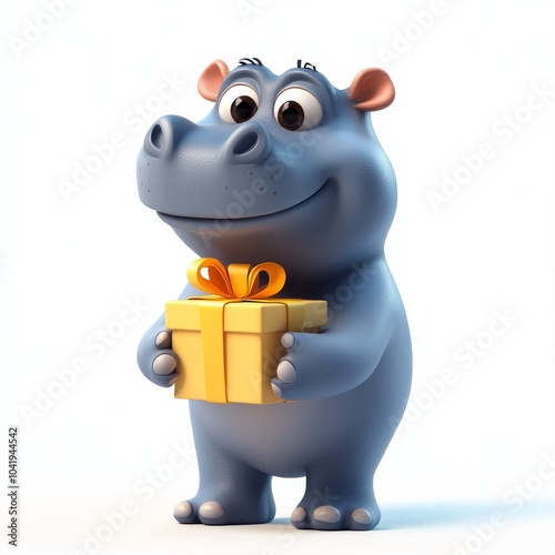 Cute Hippo Character Holding a Gift Box in 3D Style photo