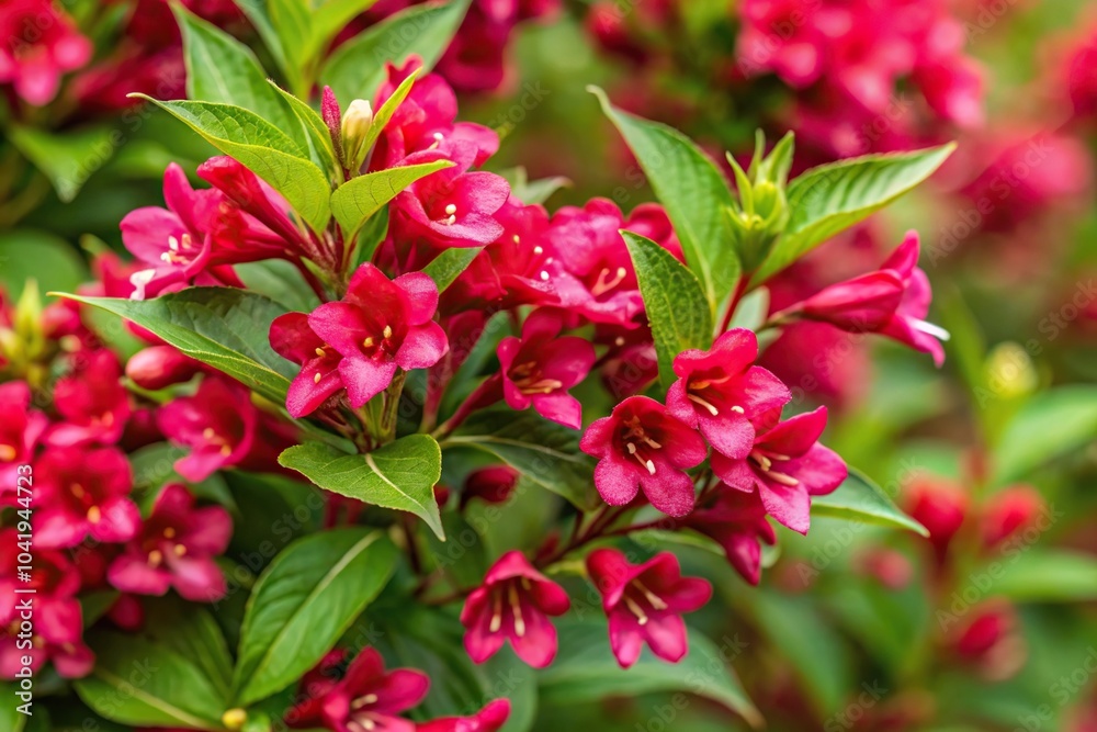 High angle view of blooming red prince weigela shrub in Wisconsin High angle view of blooming red prince weigela shrub in Wisconsin