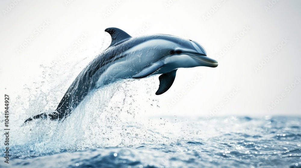 Fototapeta premium A dolphin leaps from the ocean, creating a splash as it breaks the surface, showcasing its agility and grace in a serene marine environment.