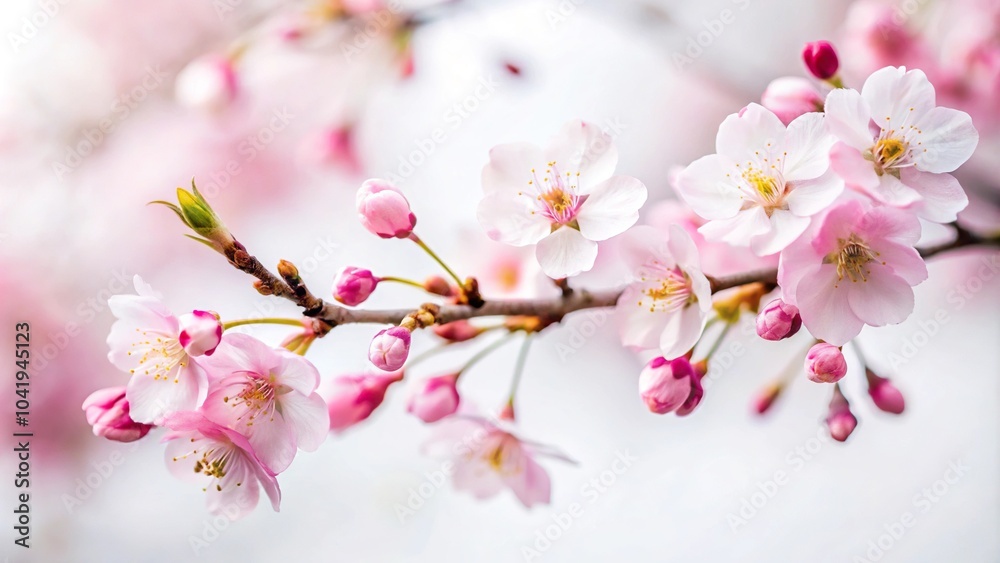 Obraz premium Delicate pink cherry blossom branch with small blooms against a white background
