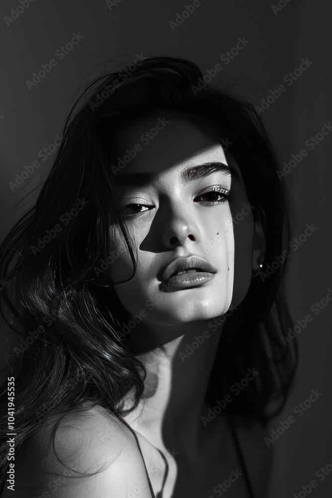 A moody and mysterious studio portrait in black and white, with strong shadows and a contemplative expression from the subject A moody and mysterious studio portrait in black and white, with strong shadows and a contemplative expression from the subject