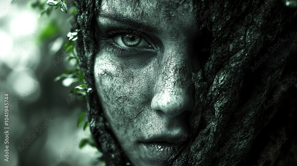Woman's Face Transformed into Tree Bark: Nature's Embrace Woman's Face Transformed into Tree Bark: Nature's Embrace