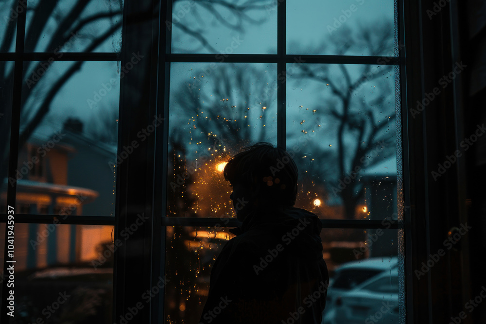 A moody low light portrait of a person standing by a window at night, with streetlights casting soft light through the glass A moody low light portrait of a person standing by a window at night, with streetlights casting soft light through the glass