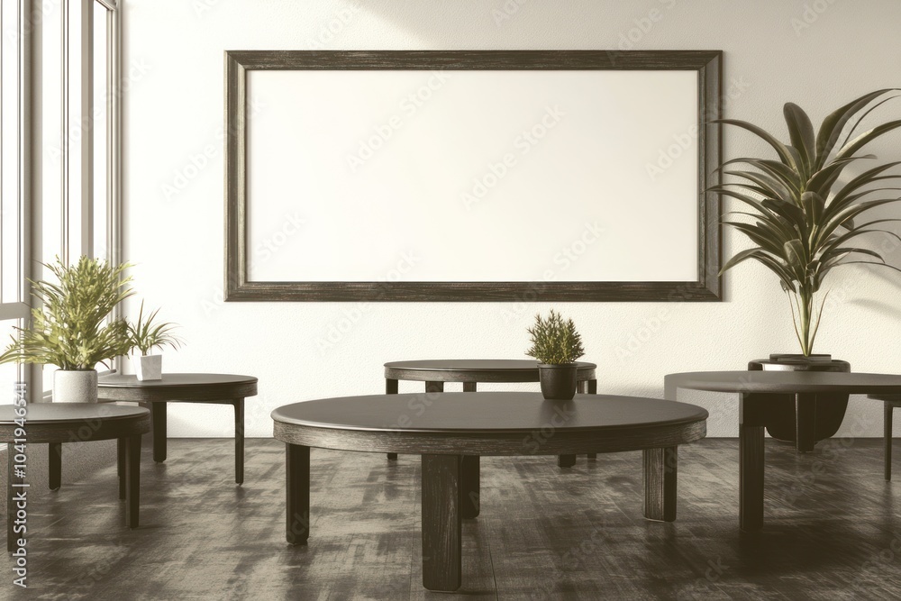 A minimalist interior featuring round tables and potted plants in a bright space. A minimalist interior featuring round tables and potted plants in a bright space.