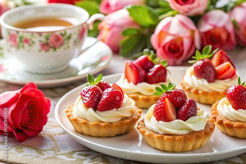 Wallpaper Mural Delicate spread of strawberry and cream pastries on floral plate with tea and roses in background Torontodigital.ca