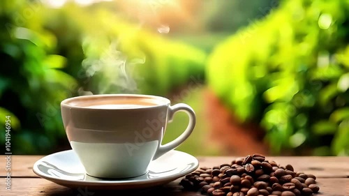Hot coffee cup with organic coffee beans on the wooden table and the plantations background. Generative AI