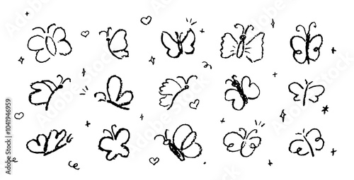 Set of butterflies drawing by pastel or charcoal pencil. White chalk line butterfly simple element on black chalkboard background. Like children's drawing cute fly collection. Vector illustration.
