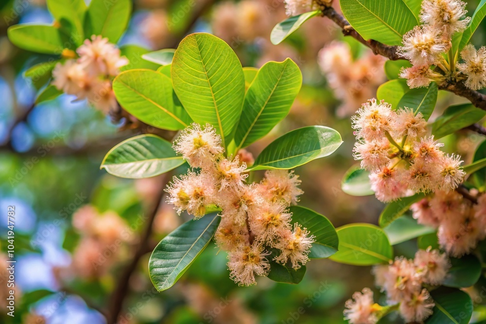 Flower blossoms of Terminalia catappa tree in spring aerial view Flower blossoms of Terminalia catappa tree in spring aerial view