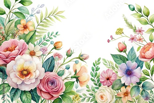 Delicate watercolor painting of flowers and foliage on white background