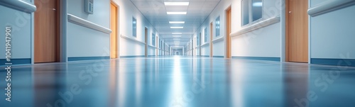 Long hallway with a blue floor and a window