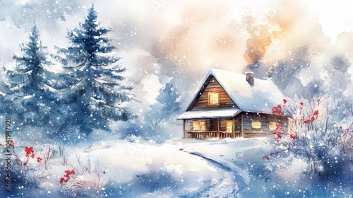 Beautiful winter house, Christmas watercolor illustration