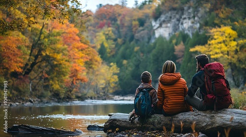 A family stopping to rest on a log during a hike, with a river and fall foliage in the background