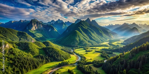 Minimalistic Aerial View of Serene Mountain Landscape with Lush Green Valleys and Clear Blue Skies for Nature