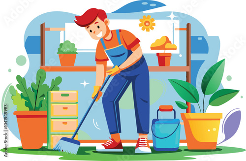 Man doing cleaning, flat illustration, vector illustration.