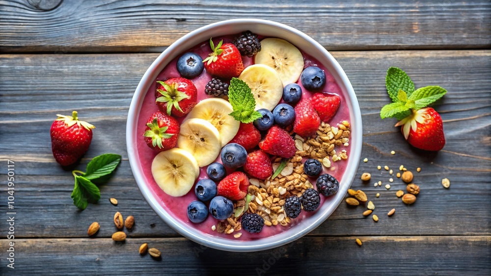 Delicious and healthy smoothie bowl filled with berries, banana, and granola Delicious and healthy smoothie bowl filled with berries, banana, and granola