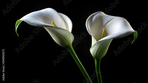 Fototapeta Naklejka Na Ścianę i Meble -  Elegant white calla lilies on a black background with space for text for words of support and comfort.  Design for mourning and memorial material, bereavement or remembrance, mourning card