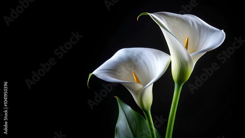 Fototapeta Naklejka Na Ścianę i Meble -  Elegant white calla lilies on a black background with space for text for words of support and comfort.  Design for mourning and memorial material, bereavement or remembrance, mourning card