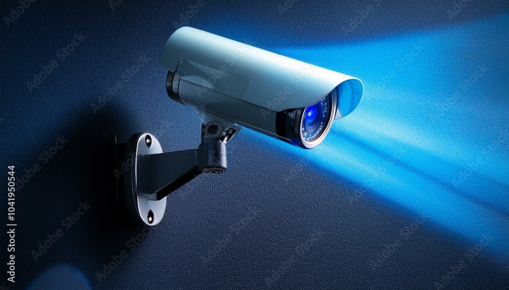 a cctv camera mounted on a wall with a blue light reflection a cctv camera mounted on a wall with a blue light reflection