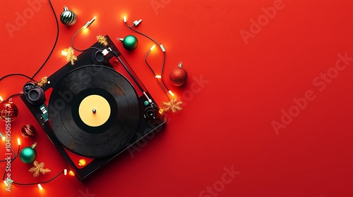 A 3D cartoon-style render featuring a vinyl record player with a Christmas theme, set against a bright red background. 