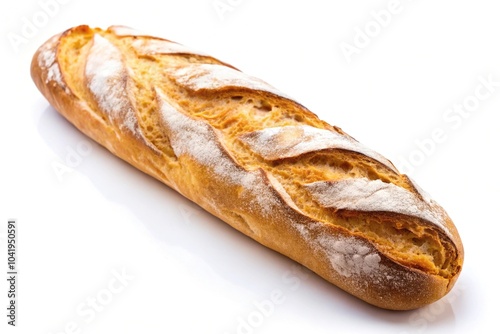 Delicious artisan baguette bread on white background