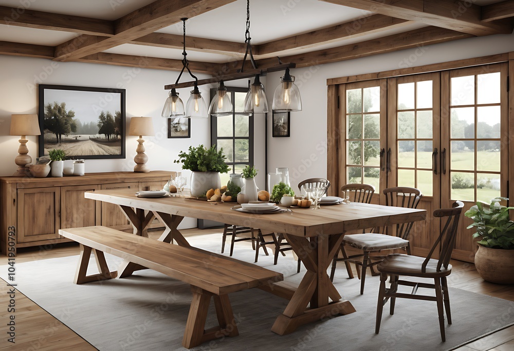 Obraz premium A cozy dining room featuring a large wooden table with matching benches and chairs