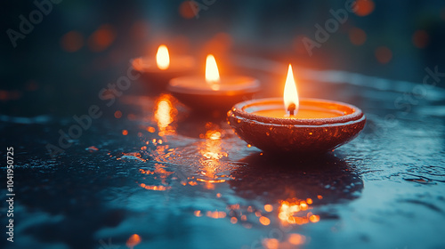 orange-red candles in shallow dishes, sitting on a dark, reflective surface with sparkles. Smoke is rising. Happy Diwali