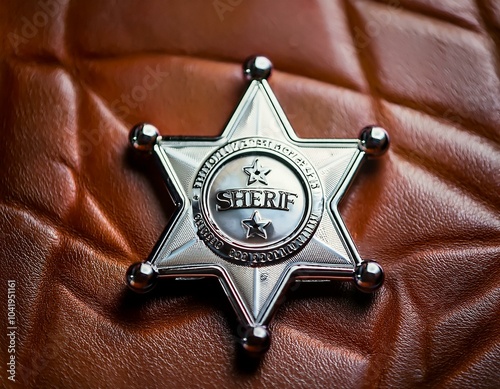 a detailed macro shot of a sheriff badge on a brown leather textured background with leading lines security background leading lines symbol protection texture law enforcement photo