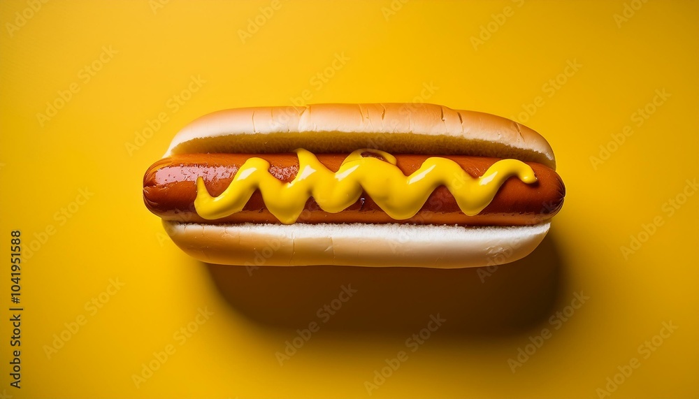 a hot dog with mustard on a yellow background highlighting a classic snack
