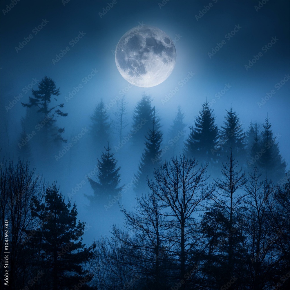 Fototapeta premium a misty forest at night with a full moon shining through the clouds creating an ethereal atmosphere