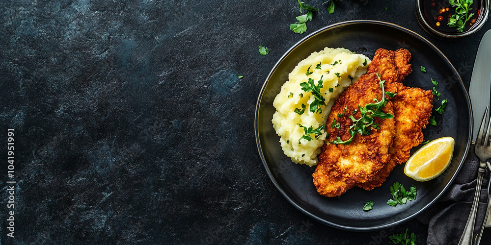 Chicken Schnitzel with mashed potatoes and a lemon wedge. Chicken Schnitzel with mashed potatoes and a lemon wedge.
