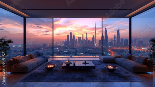 Create a lavish residence boasting panoramic views of Dubais futuristic skyline, showcasing towering skyscrapers and illuminated landmarks against the desert photo