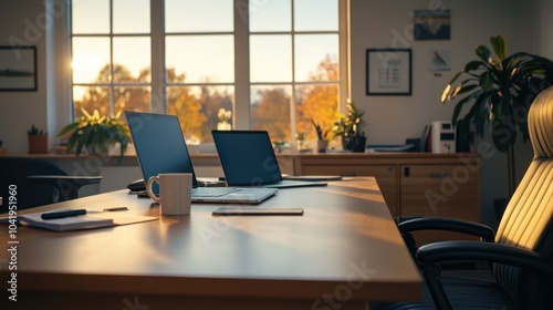 A serene office space with laptops, a mug, and plants, illuminated by natural light.