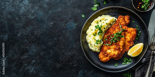 Chicken Schnitzel with mashed potatoes and a lemon wedge.