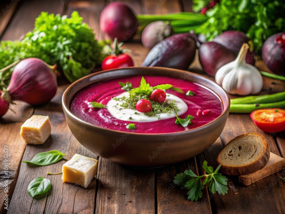 Vibrant Beet Soup with Fresh Ingredients and Garnish
