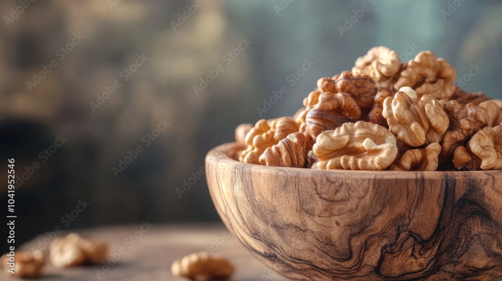 Close-up of Fresh Walnuts in a Rustic Wooden Bowl - Nutritious Food Concept with Natural Charm and Copy Space