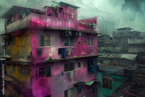 A vibrant, multi-colored building amidst a dense urban landscape with laundry hanging. photo