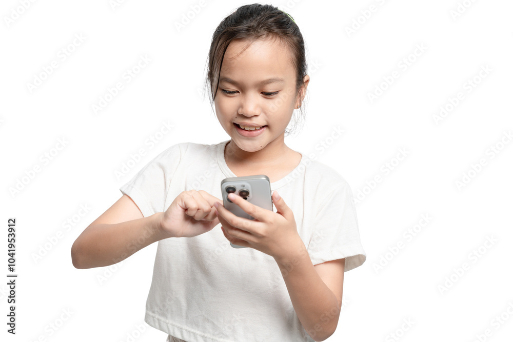 A young girl is smiling while looking at her cell phone A young girl is smiling while looking at her cell phone