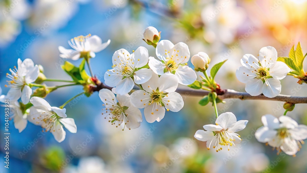 Macro close up of cherry blossom branch with white flowers in springtime Macro close up of cherry blossom branch with white flowers in springtime