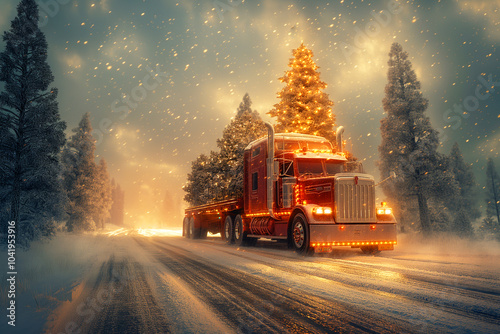 Christmas card. A red semi-trailer with white headlights is carrying a huge Christmas tree against a background of snow.