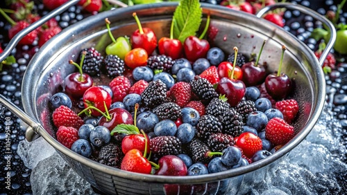 Delicious berries in metal basket being rinsed in kitchen sink during harvesting season