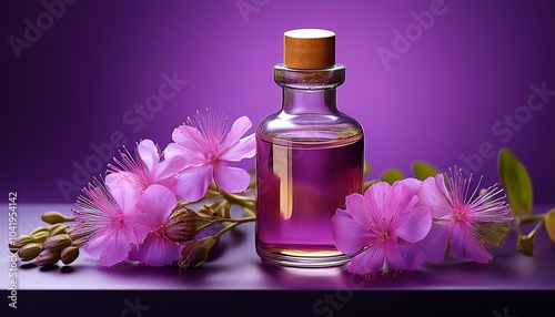 bakuchiol serum with babchi flower psoralea corylifolia on purple background photo