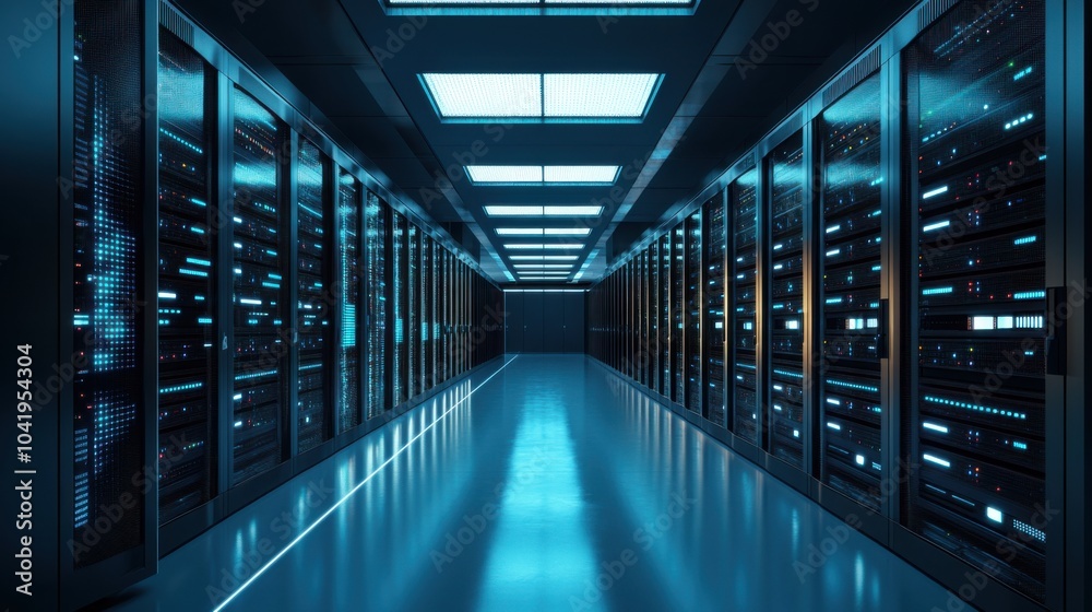 A sleek data center with rows of servers and glowing LEDs, modern and organized layout, Futuristic style A sleek data center with rows of servers and glowing LEDs, modern and organized layout, Futuristic style