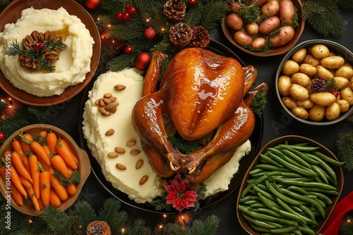 A festive Christmas dinner spread featuring honey-glazed carrots, creamy mashed potatoes, a roasted turkey centerpiece photo